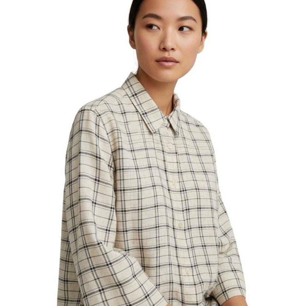 VTG Dina K Womens Beige Black Plaid‎ Linen Button Up Shirt L Classic Minimalist